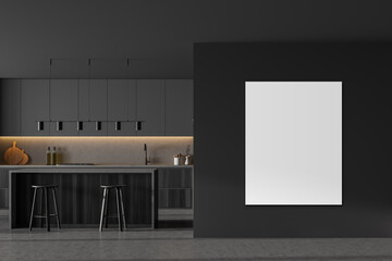 Mockup copy space in grey kitchen with dining table and bar chairs, marble floor