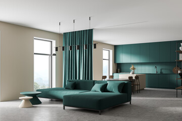 White and ocean green modern kitchen living room interior. Dining area with table. Concrete floor. Panoramic window.