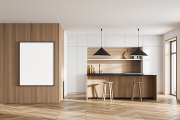 Mockup frame in wooden kitchen with table and bar chairs with window