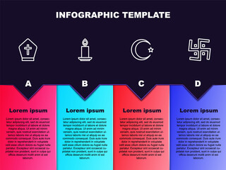 Set line Pope hat, Burning candle, Star crescent and Hindu swastika. Business infographic template. Vector.