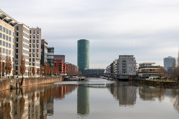 Obraz premium View of the Westhafen of Frankfurt with the Westhafen Tower in the background