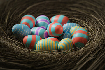Colored red and blue easter eggs in a nest