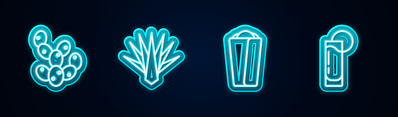 Set line Cactus, Agave, Burrito and Tequila glass with lemon. Glowing neon icon. Vector.