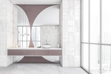 White bathroom with big mirror, sink near window with city view