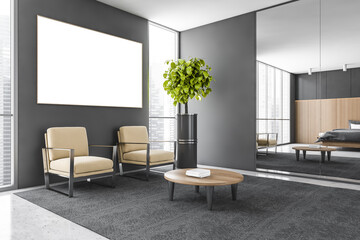 Mockup frame above two armchairs in grey living room