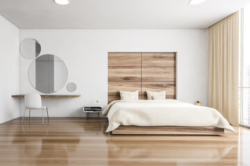 Fototapeta na wymiar Bed and linens in wooden bedroom with parquet and window