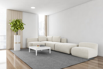 White and wooden living room with corner sofa on carpet and plant near window