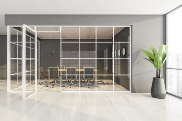 Conference room with furniture in office with parquet floor
