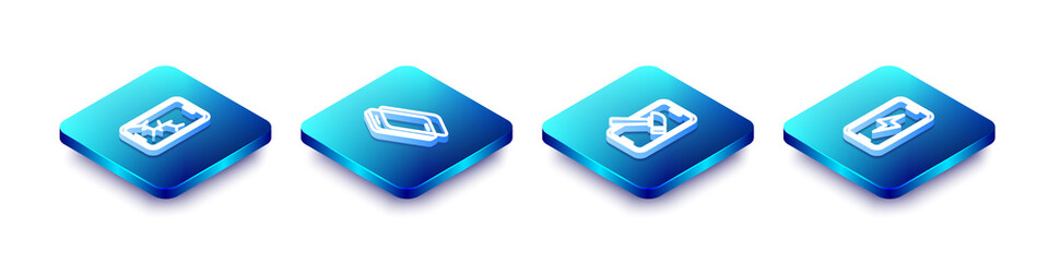 Set Isometric line Mobile with broken screen, Glass protector, and charging battery icon. Vector.