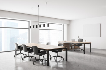 Poster on Modern office interior wall mock up. Conference table. CEO desk. City view, panoramic window.