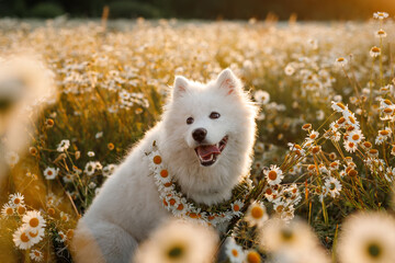Fototapeta premium Beautiful Samoyed Laika in daisies. Funny Young Happy Smiling White Samoyed Dog Or Bjelkier, Playful Pet Outdoors.
