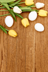 tulip bouquet white eggs holiday easter decoration tradition wooden background