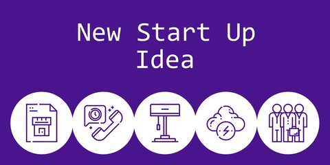 new start up idea background concept with new start up idea icons. Icons related blueprint, brainstorm, teamwork, telephone, lamp