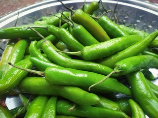 Green chili peppers (serrano pepper) in a bowl