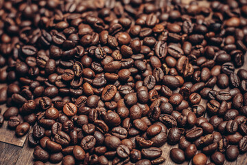coffee beans scattered wood background morning aroma beverage preparation