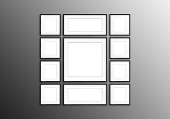 Photo frames collection isolated on black wall, eleven frameworks collage, interior decor mock up	