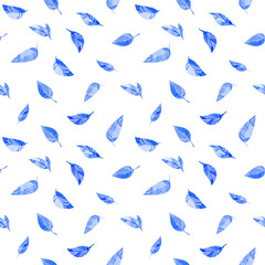 Fototapeta na wymiar Watercolor seamless pattern. Simple blue leaves. Isolated on white background