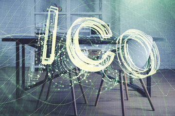 Double exposure of crypto technology theme drawing and office interior background. Concept of...