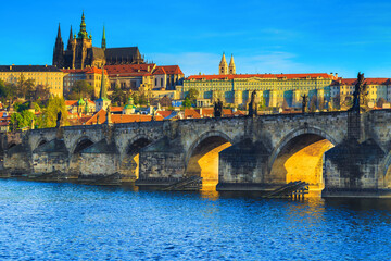 Fototapeta na wymiar Prague cityscape view with Charles bridge over the Vltava river