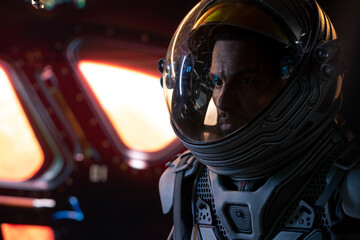 Portrait of African American Black male astronaut inside spaceship cockpit. Sci-fi space exploration concept. Mars mission