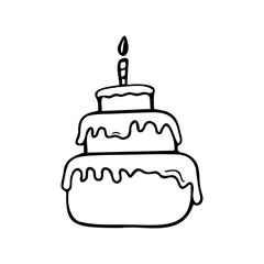 Hand drawn three-level cake with a candle isolated on a white background. Celebration elements. Doodle, simple outline illustration. It can be used for decoration of textile, paper.