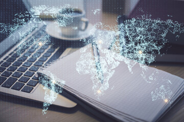 Double exposure of social network drawing and desktop with coffee and items on table background. Concept of international connection.