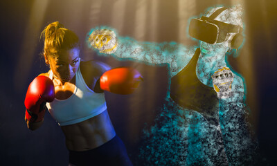 Black woman boxing exercise in metaverses technology, Virtual reality simulation in digital VR games, Young female athlete boxer with virtual reality combat experience activity in metaverse avatar.