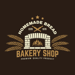 Bakery shop badge, logo. Vector. Typography design with old oven, ears of wheat silhouette. Template for restaurant identity objects, packaging and menu