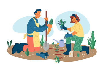 Man and woman gardening plants outside isolated flat cartoon characters. Vector people growing carrot and greens on soil, gathering harvest. Husband with shovel, wife with water can planting flowers