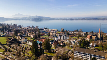 Fototapeta premium Drone picture of the city of Zug, Switzerland. 