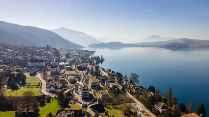 Drone picture of the city of Zug, Switzerland. 