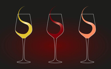 Glasses of red, white and rose wine, sign or logo flat design style on a dark background. Vector illustration