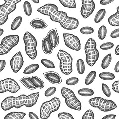Hand drawn peanut seamless pattern. Organic food vector illustration. Retro nut background. Engraved style botanical picture.