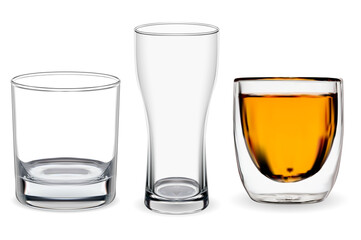 Whiskey glass isolated. Transparent alcohol cup vector illustration, bourbon drink. Beer glass mockup, restaurant glassware. Scotch whiskey tumbler set, bar drunk without ice rocks