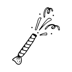 Hand drawn party cracker with confetti isolated on a white background. Celebration elements. Doodle, simple outline illustration. It can be used for decoration of textile, paper.
