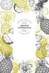 Selbstklebende Fototapeten Hand drawn sketch style pineapple banner. Organic fresh fruit vector illustration. Engraved style botanical design template. © lubovchipurko
