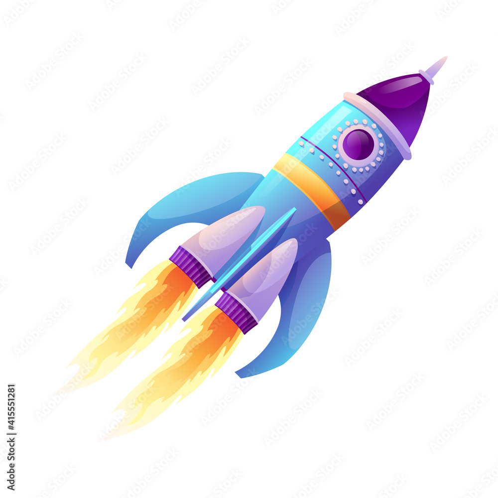 Poster rocket launch and fire flame, spaceship startup isolated spacecraft liftoff cartoon icon. vector boo