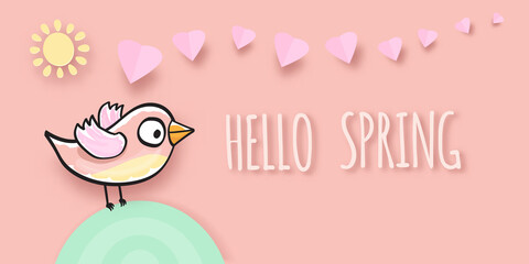 Hello spring label with spring birds and flowers on a soft pastel pink background. Hello spring simple cut paper style illustration design template