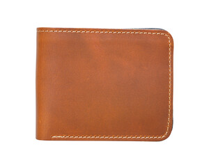 brown stitched wallet men or whiskey color and cow leather or close short wallet for put money and card on top view and white background isolated included clipping path