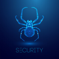 Virus spider in low poly style on blue background. Cybercryme technology network web vector illustration. Internet fraud abstract vector background. Cyber criminal hacker attack.