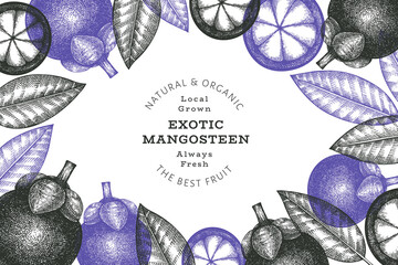 Hand drawn sketch style mangosteen design template. Organic fresh food vector illustration on white background. Retro fruit banner.
