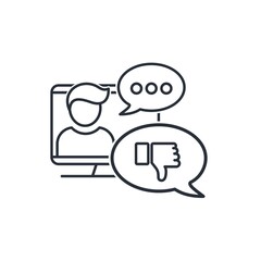 Computer, silhouette of a man, pop up message. Concept negative review, online comment on this product. Vector icon isolated on white background. 