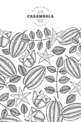Hand drawn sketch style carambola banner. Organic fresh fruit vector illustration. Retro fruit design template