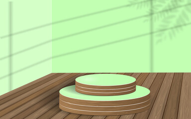 minimal scene with geometric forms. cylinder wood podium in violet background with shadow leaves. Scene to show cosmetic product, Showcase, shopfront, display case. 3d vector illustration.