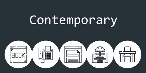 contemporary background concept with contemporary icons. Icons related browser, fax, table, chair and table