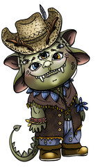 Kind little monster, cute smiling cowboy in a hat with a horns and small feather, funny eared troll with fangs and tail in a vest, ripped jeans and boots, cartoon isolated character in full growth.