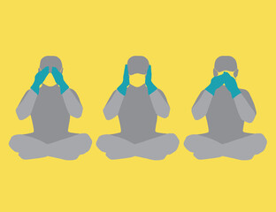 Fototapeta na wymiar Three men, the concept of three monkeys in medical masks. Don't see, don't hear, don't speak - ignore problems about Covid-19 in yellow, gray color, in blue gloves with a blank space for the text.