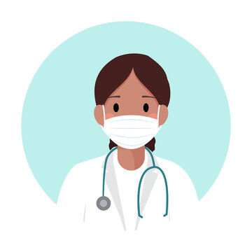 Afro American Doctor In Medical Protective Mask Against Covid-19. Black Young Nurse With Stethoscope And In White Coat. Professional Avatar, Profile, Woman Icon. Portrait For Web Site, Mobile App.