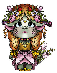 Cartoon isolated character, fairytale little girl, flower troll in dress with pointed ears and short legs, with big head and eyes, with long pigtails and flower wreath, with necklace and bow-knots.