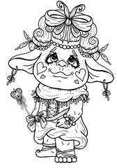 Kind fairytale fairy with magic wand, cute girl troll in wig with large bow-knot, in dress with neckerchief and round earrings, cartoon isolated character with big ears and eyes in full growth.
